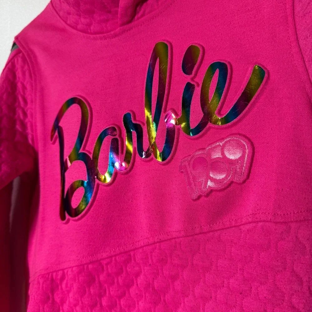 Barbie Pullover Hoodie Girls M 8 Pink Quilted Metallic Logo Sporty Sweatshirt‎